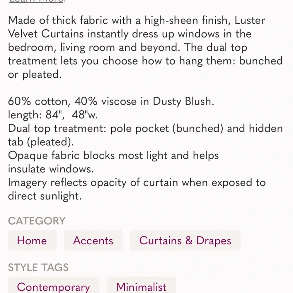 West Elm Velvet Curtain Dusty Blush Single Panel